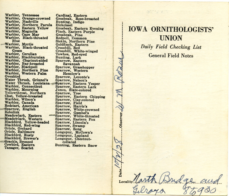 Daily field checking list of birds observed in Boone County by Walter Rosene, October 2, 1938.