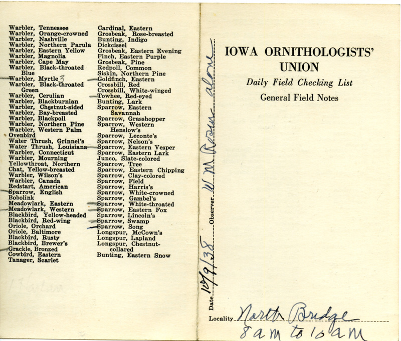 Daily field checking list of birds observed in Boone County by Walter Rosene, October 9, 1938.