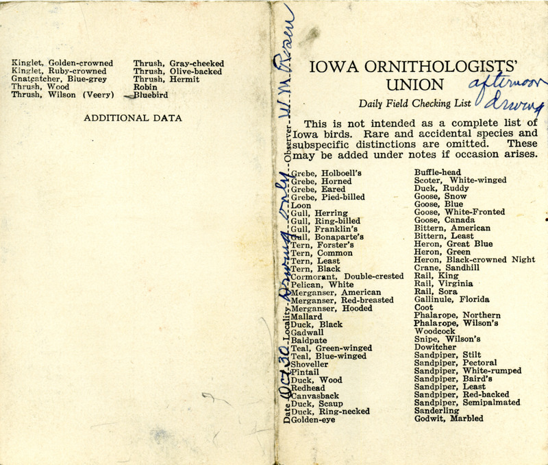 Daily field checking list of birds observed in Boone County by Walter Rosene, October 30, 1938.