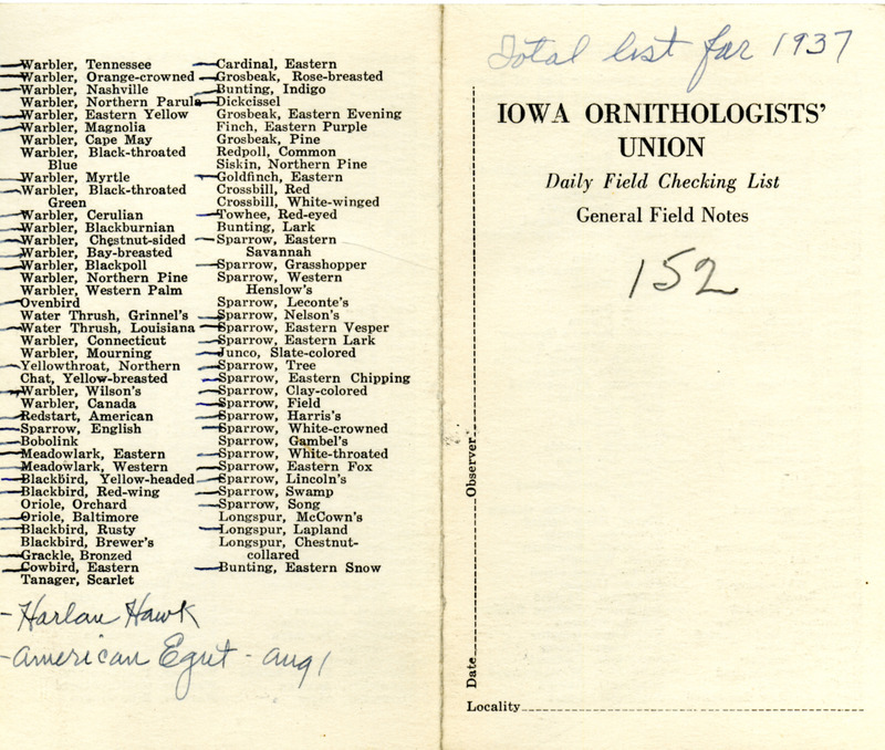 Daily field checking list includes birds observed by Walter Rosene in 1937.