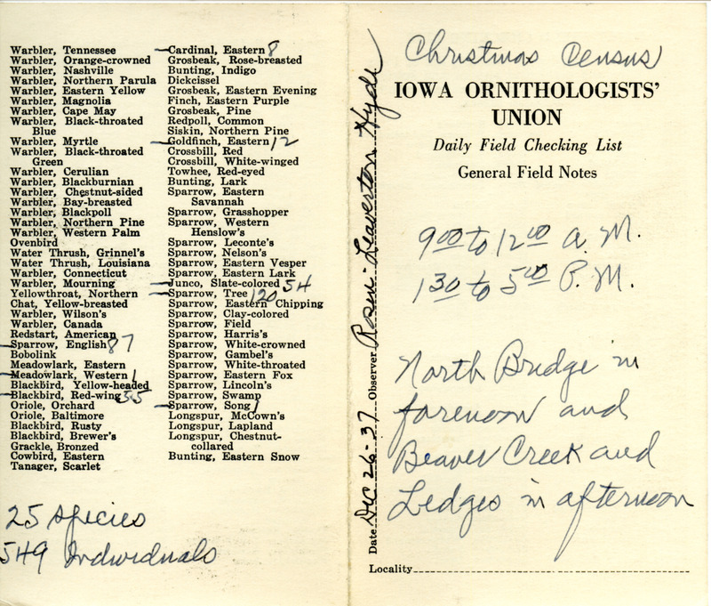 Daily field checking list of birds observed in Boone County by Walter Rosene, Paul Leaverton and Samuel J. Hyde, December 26, 1937. Also notes this is the Christmas census, 25 species were observed and 549 individuals.