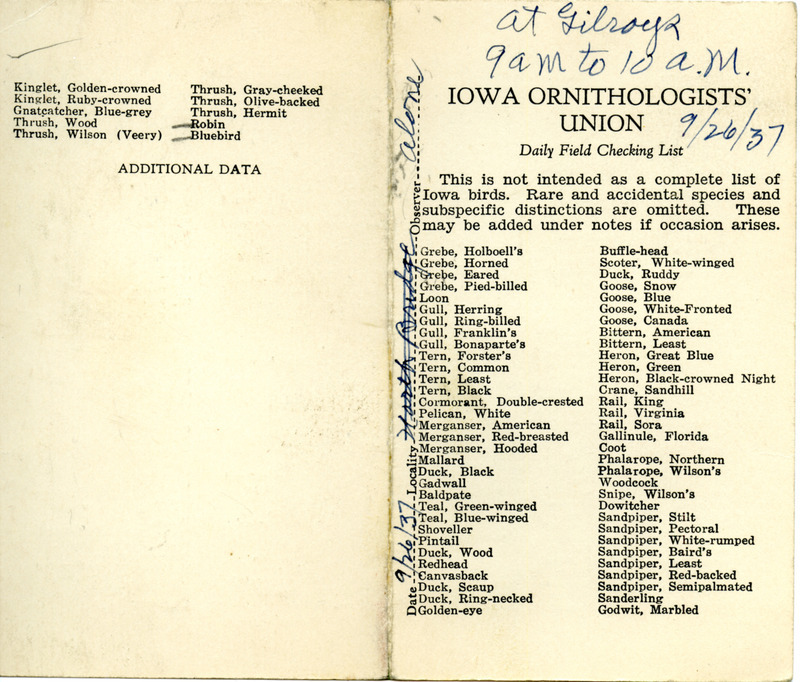 Daily field checking list of birds observed in Boone County by Walter Rosene, September 26, 1937.