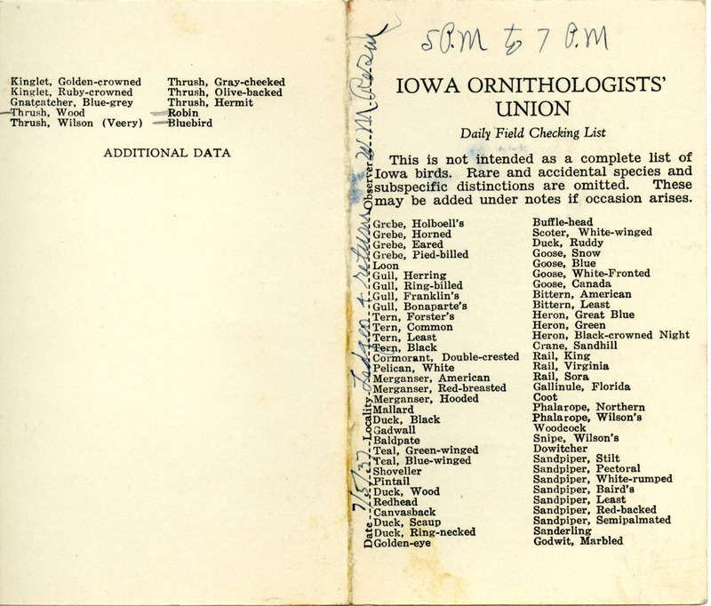 Daily field checking list of birds observed at Ledges State Park by Walter Rosene, July 5, 1937.