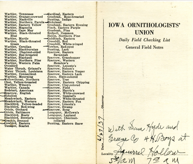 Daily field checking list of birds observed at Squirrel Hollow County Park by Walter Rosene, Samuel J. Hyde and others, June 27, 1937.