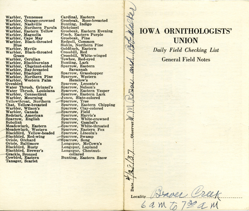 Daily field checking list of birds observed in Boone County by Walter Rosene and Bob Walker, April 28, 1937.