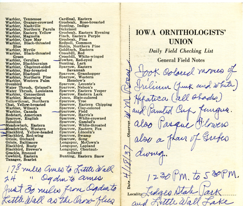 Daily field checking list of birds observed at Ledges State Park and Little Wall Lake by Walter Rosene, April 18, 1937. Also notes he took movies of several types of flowers and a pair of Grebes diving.