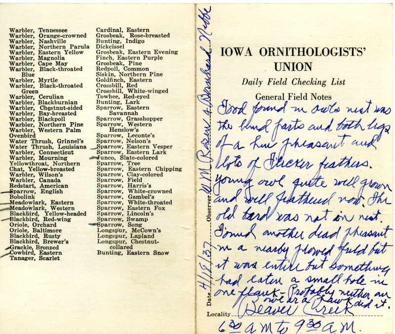 Daily field checking list of birds observed in Boone County by Walter Rosene and Bernhard Nebbe, April 18, 1937. Also notes the young Great Horned Owl was quite well grown and well feathered. The nest also included several types of food.