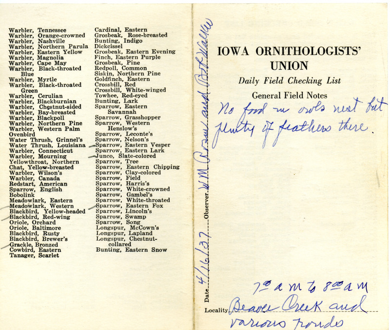 Daily field checking list of birds observed in Boone County by Walter Rosene and Bob Walker, April 16, 1937. Also notes there is no food in the Great Horned Owl nest.