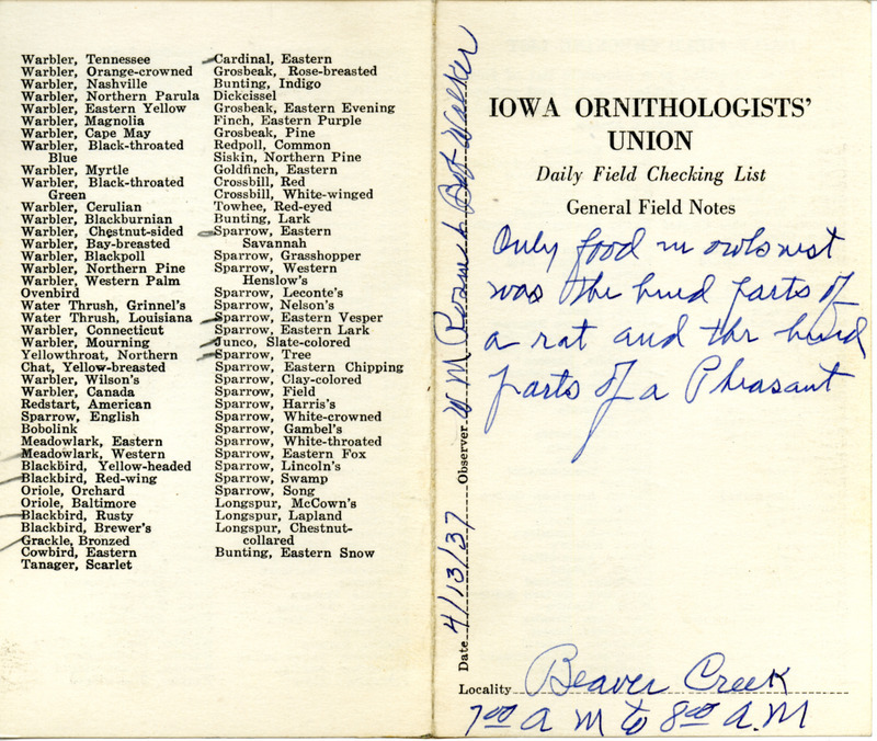 Daily field checking list of birds observed in Boone County by Walter Rosene and Bob Walker, April 13, 1937. Also notes there was food in the Great Horned Owl nest.