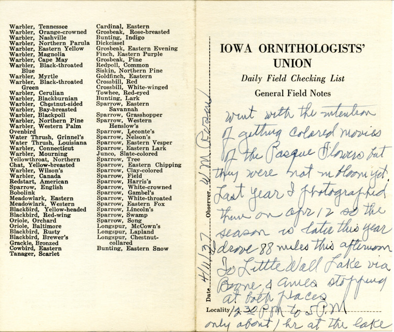 Daily field checking list of birds observed at Boone, Ames and Little Wall Lake by Walter Rosene, April 11, 1937. Also notes he intended to take movies of the Pasque flowers but they were not in bloom yet.