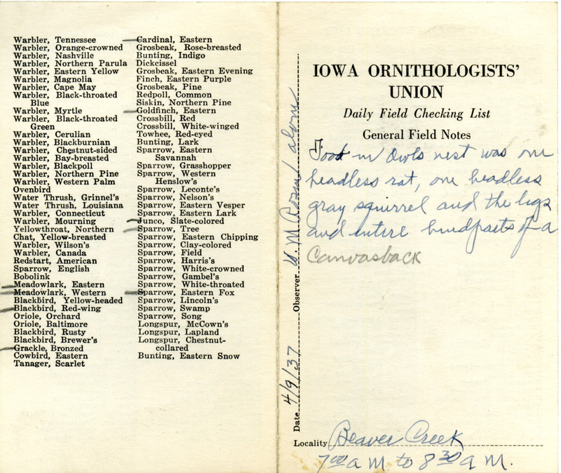 Daily field checking list of birds observed in Boone County by Walter Rosene, April 9, 1937. Also notes there was food in the Great Horned Owl nest.