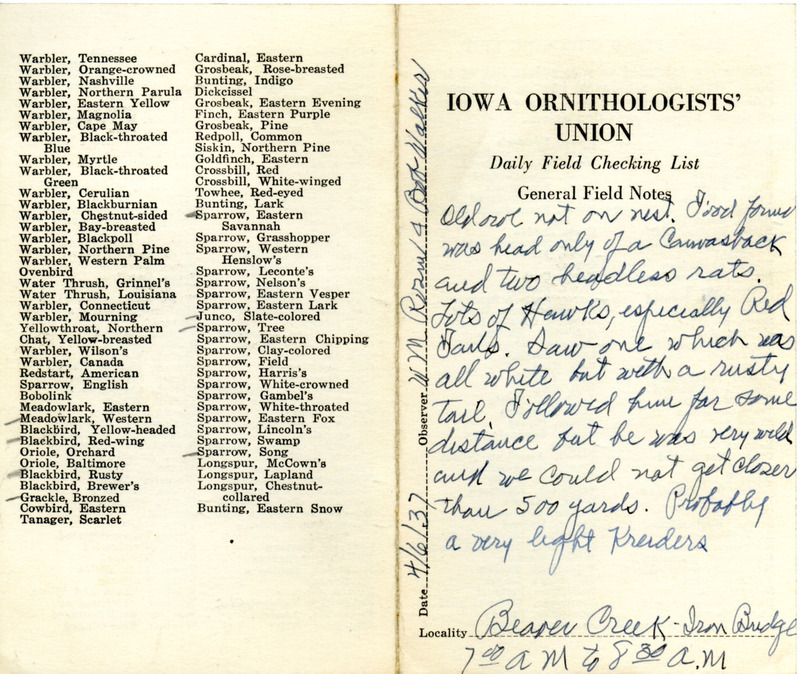 Daily field checking list of birds observed in Boone County by Walter Rosene and Bob Walker, April 6, 1937. Also notes he saw several hawks especially Red-tailed Hawks.