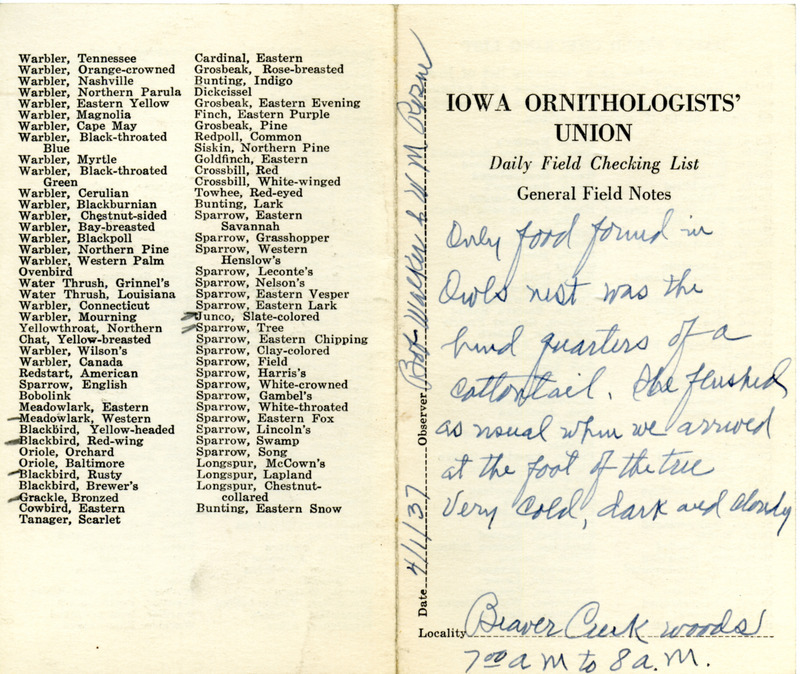 Daily field checking list of birds observed in Boone County by Walter Rosene and Bob Walker, April 1, 1937. Also notes there was food in the Great Horned Owl nest.