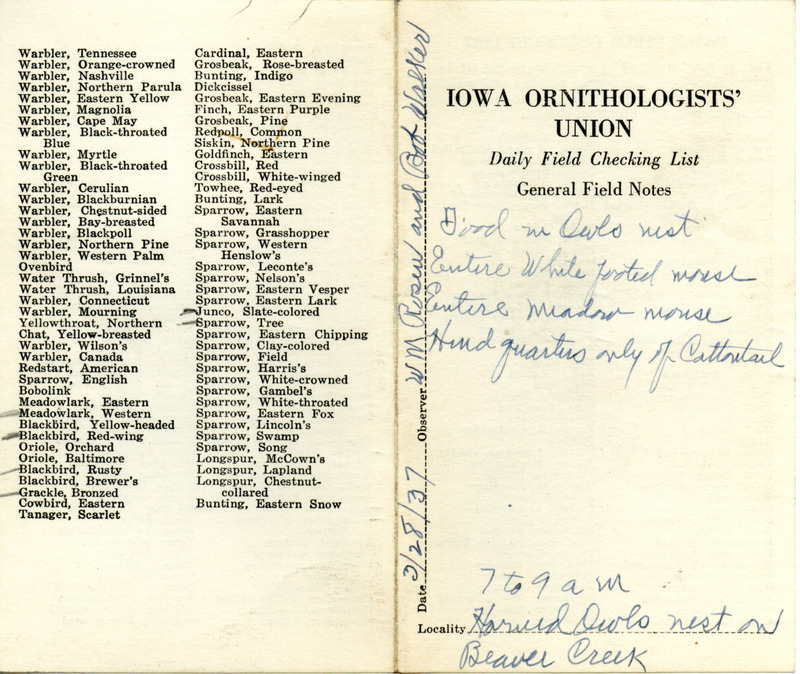 Daily field checking list of birds observed in Boone County by Walter Rosene and Bob Walker, March 28, 1937. Also notes there were several types of food in the Great Horned Owl nest.