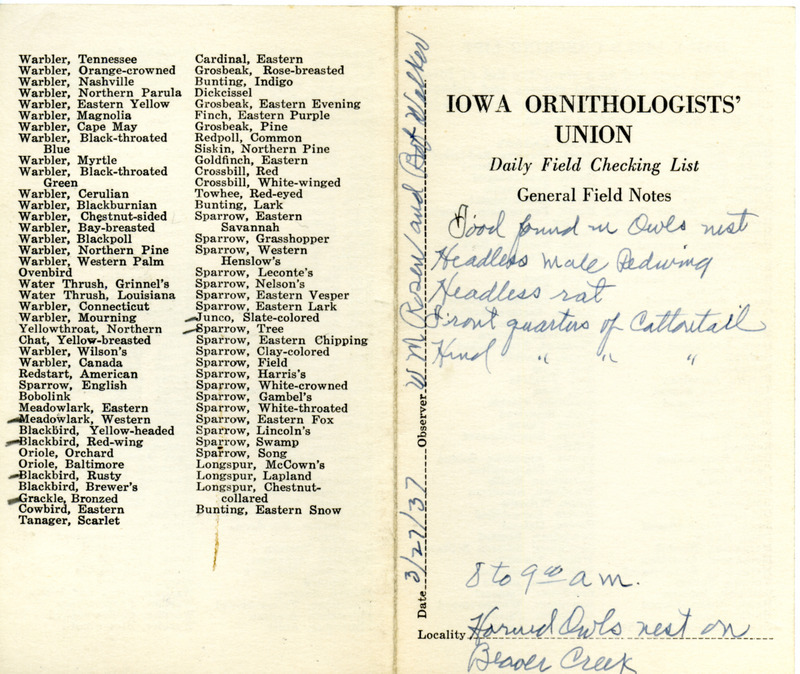 Daily field checking list of birds observed in Boone County by Walter Rosene and Bob Walker, March 27, 1937. Also notes there was food in the Great Horned Owl nest.