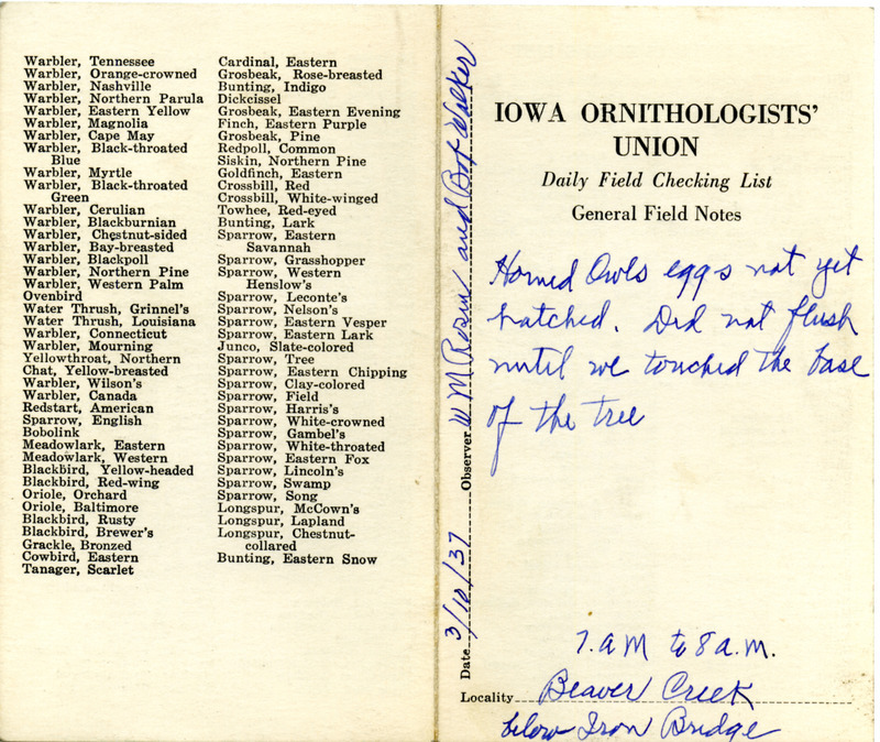 Daily field checking list of birds observed in Boone County by Walter Rosene and Bob Walker, March 10, 1937. Also notes the eggs in the Great Horned Owl nest have not yet hatched.