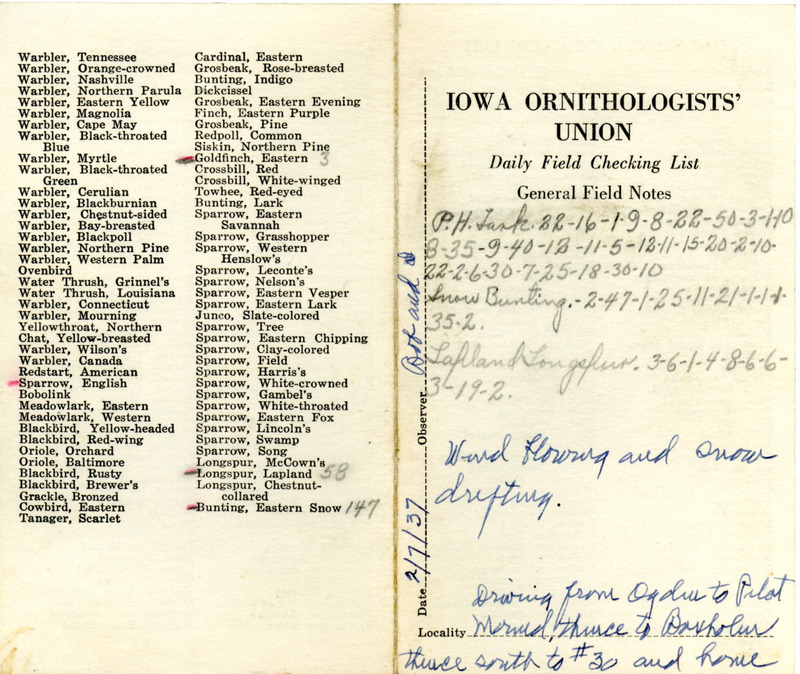 Daily field checking list of birds observed at Ogden, Pilot Mound and Boxholm by Walter Rosene and Bob Walker, February 7, 1937. Also notes the number of Prairie Horned Larks, Snow Buntings and Lapland Longspurs observed while driving.