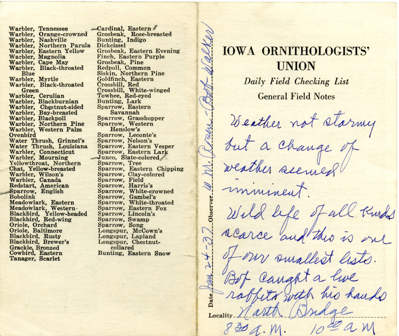 Daily field checking list of birds observed in Boone County by Walter Rosene and Bob Walker, January 24, 1937. Also notes a change in the weather seemed imminent and the wildlife was scarce.