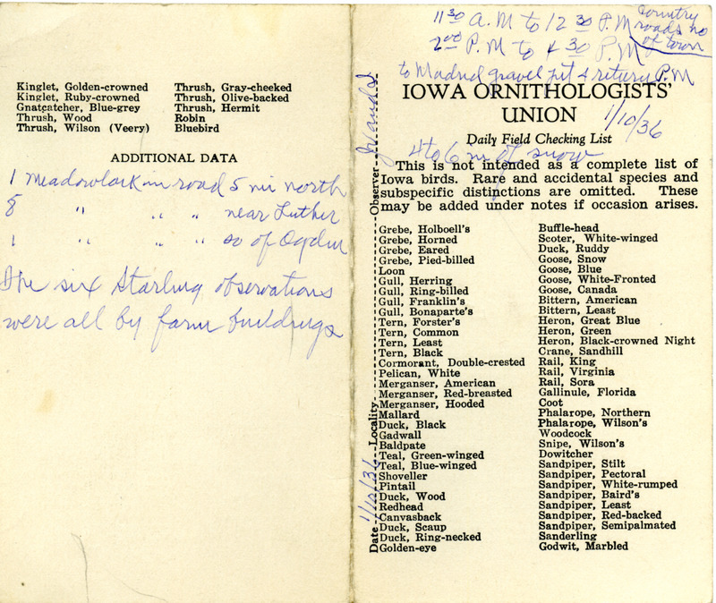 Daily field checking list of birds observed in Boone County by Walter Rosene, January 10, 1936.