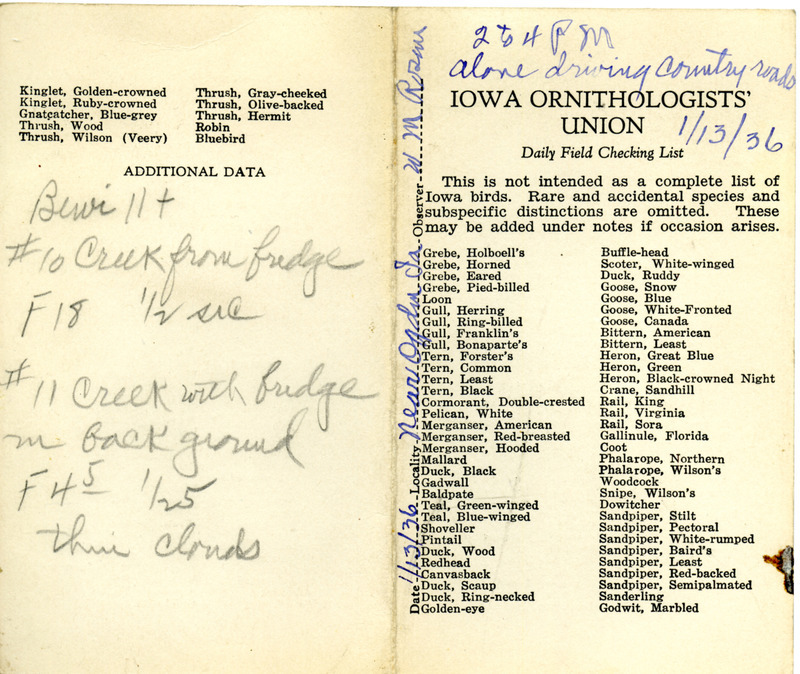 Daily field checking list of birds observed at Ogden by Walter Rosene, January 13, 1936.