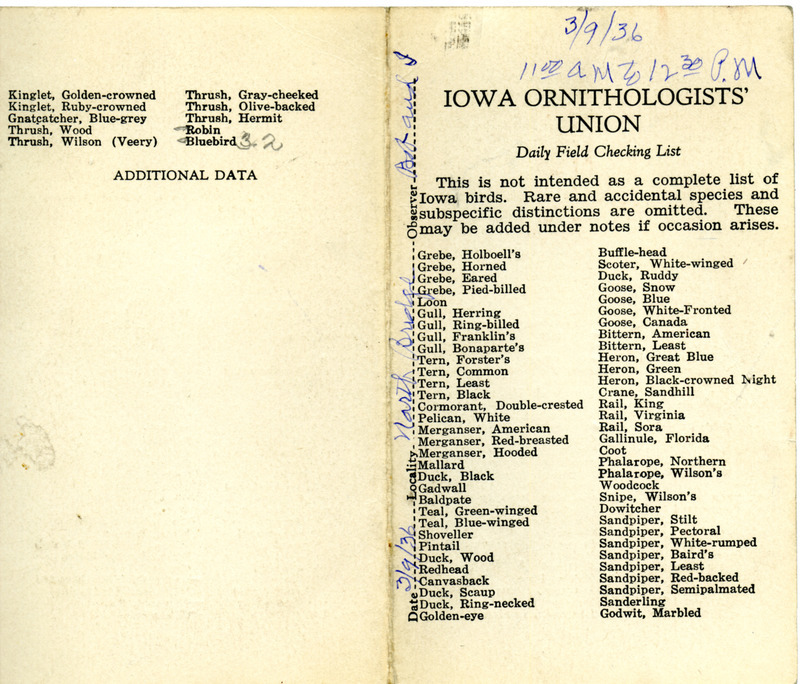 Daily field checking list of birds observed in Boone County by Walter Rosene and Bob Walker, March 9, 1936.