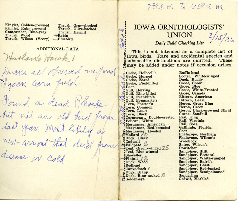 Daily field checking list of birds observed in Boone County by Walter Rosene and Bob Walker, March 15, 1936. Also notes he observed several ducks in a pond and found a deceased Eastern Phoebe that most likely died from disease or the cold weather.