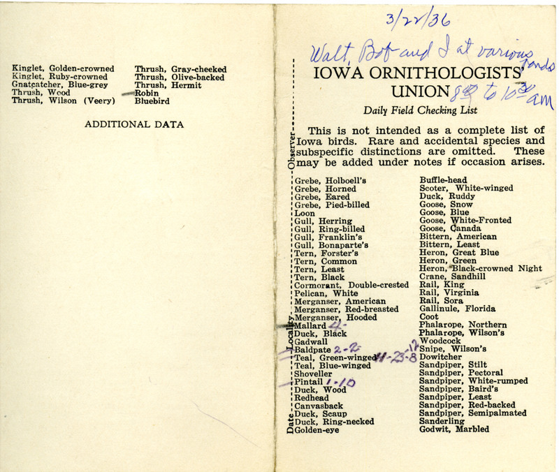 Daily field checking list of birds observed in Boone County by Walter Rosene, Walter Rosene, Jr. and Bob Walker, March 22, 1936. Also notes they traveled to various ponds.