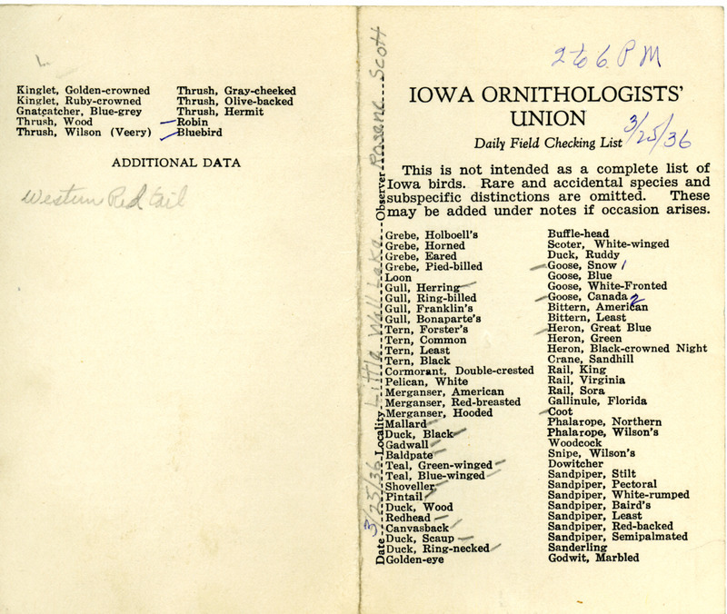 Daily field checking list of birds observed at Little Wall Lake by Walter Rosene and Thomas G. Scott, March 25, 1936.