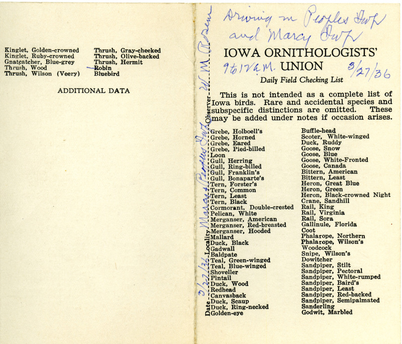 Daily field checking list of birds observed in Marcy Township and Peoples Township by Walter Rosene, March 27, 1936.