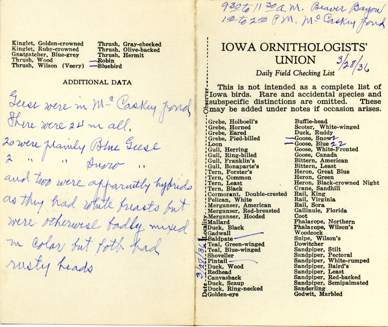 Daily field checking list of birds observed in Boone County by Walter Rosene, March 28, 1936. Also notes he observed twenty-four geese at McCaskey pond in Boone County.