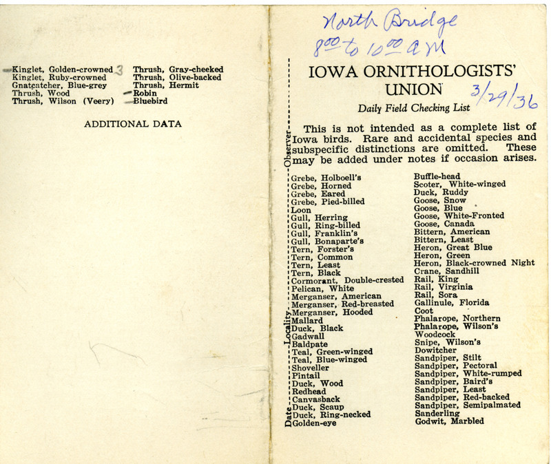 Daily field checking list of birds observed in Boone County by Walter Rosene, March 29, 1936.