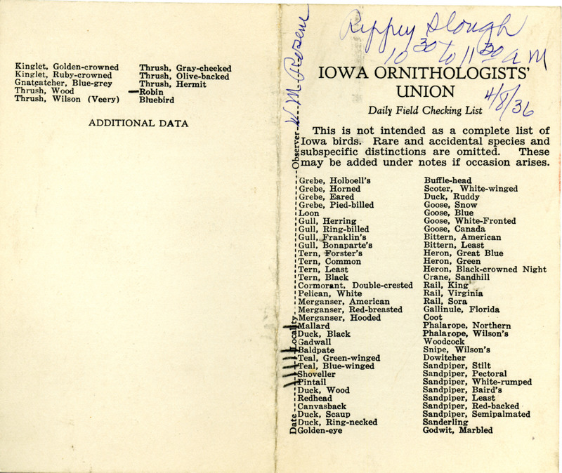 Daily field checking list of birds observed in Boone County by Walter Rosene, April 8, 1936.