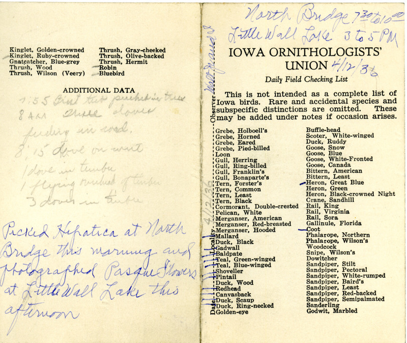 Daily field checking list of birds observed at Little Wall Lake and Boone County by Walter Rosene and Walter Rosene Jr., April 12, 1936. Also notes several sightings of Mourning Doves.