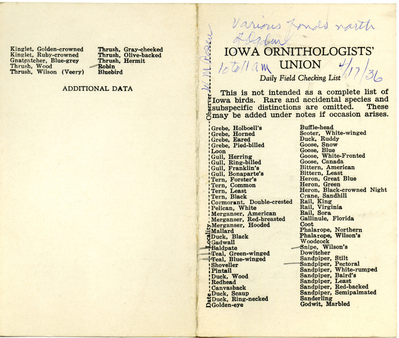 Daily field checking list of birds observed at Ogden by Walter Rosene, April 17, 1936. Also notes he traveled to various ponds north of Ogden.