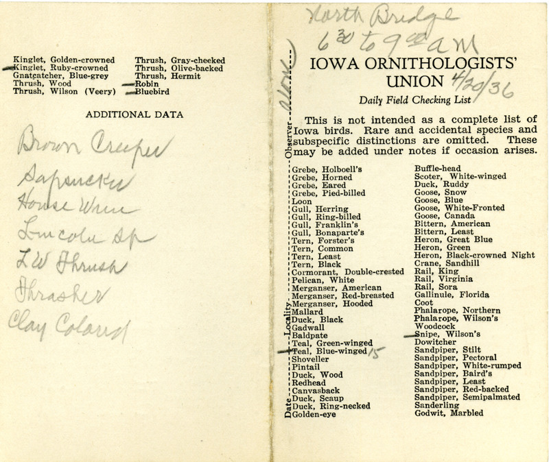 Daily field checking list of birds observed in Boone County by Walter Rosene, April 20, 1936. Also includes handwritten notes on various bird species observed.