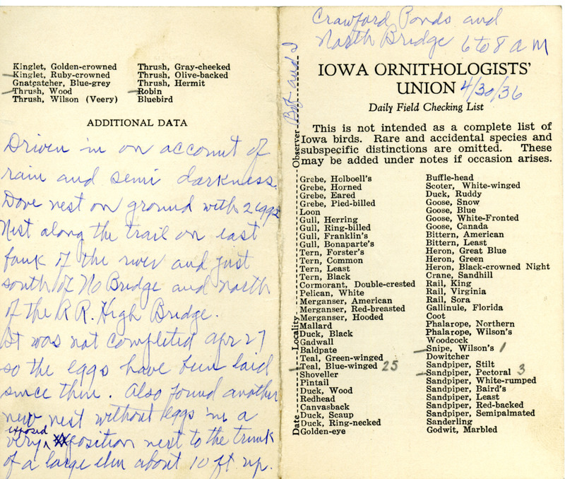 Daily field checking list of birds observed in Boone County by Walter Rosene and Bob Walker, April 30, 1936. Also notes the Mourning Dove nest now has two eggs. Also found another nest with no eggs yet.