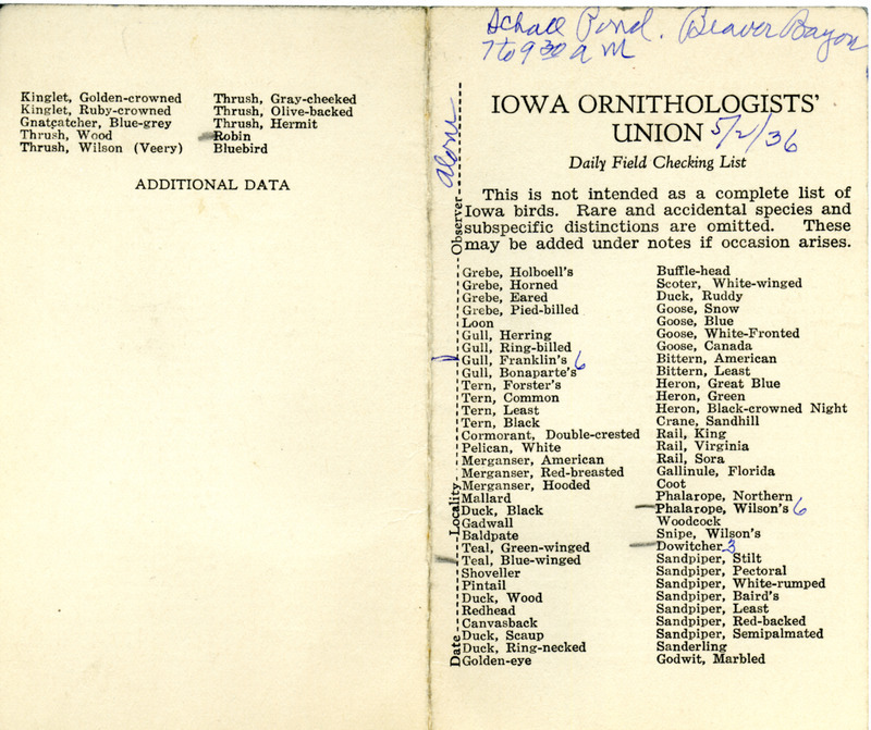 Daily field checking list of birds observed in Boone County by Walter Rosene, May 2, 1936.