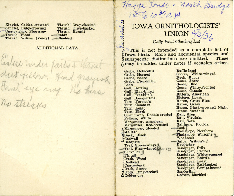 Daily field checking list of birds observed in Boone County by Walter Rosene and Walter Rosene Jr., May 3, 1936.