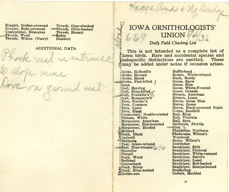 Daily field checking list of birds observed in Boone County by Walter Rosene, May 4, 1936. Also notes an Eastern Phoebe nest and a Mourning Dove nest.