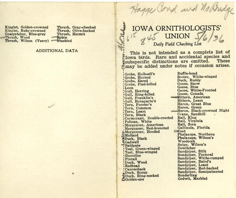 Daily field checking list of birds observed in Boone County by Walter Rosene, May 6, 1936.