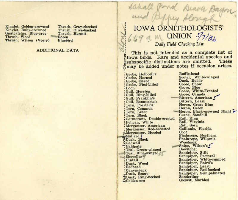 Daily field checking list of birds observed in Boone County by Walter Rosene, May 7, 1936.