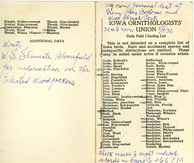 Daily field checking list of birds observed at Green Bay Bottoms and Woodthrush State Park by Walter Rosene, May 9, 1936. Also notes was in Davis County later in the day.