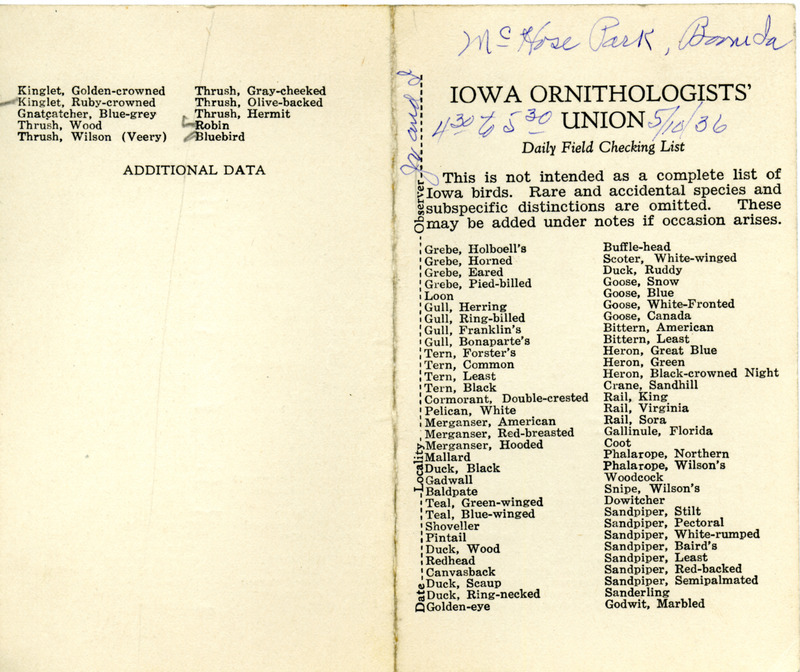 Daily field checking list of birds observed at McHose Park by Walter Rosene and Walter Rosene, Jr., May 10, 1936.