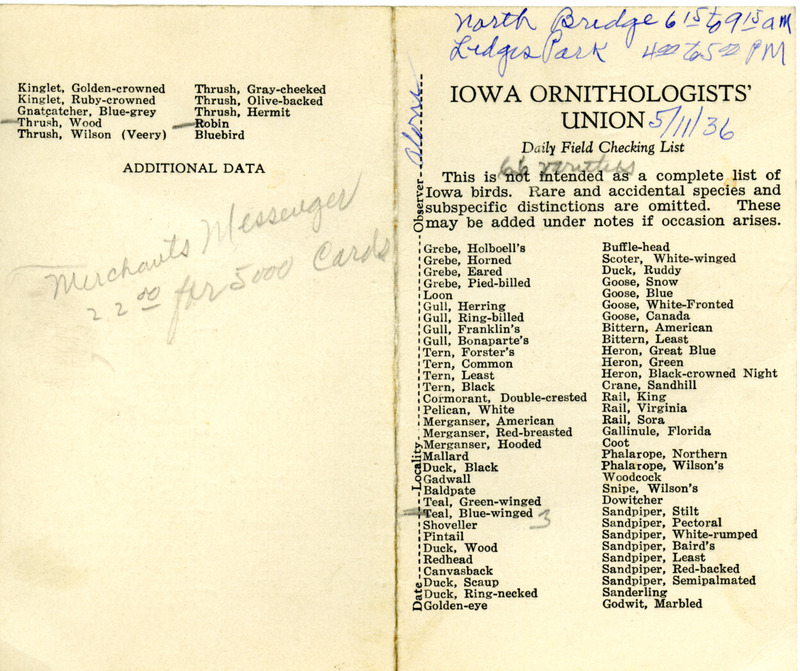 Daily field checking list of birds observed in Boone County by Walter Rosene, May 11, 1936. Also notes he was at Ledges State Park later in the day.