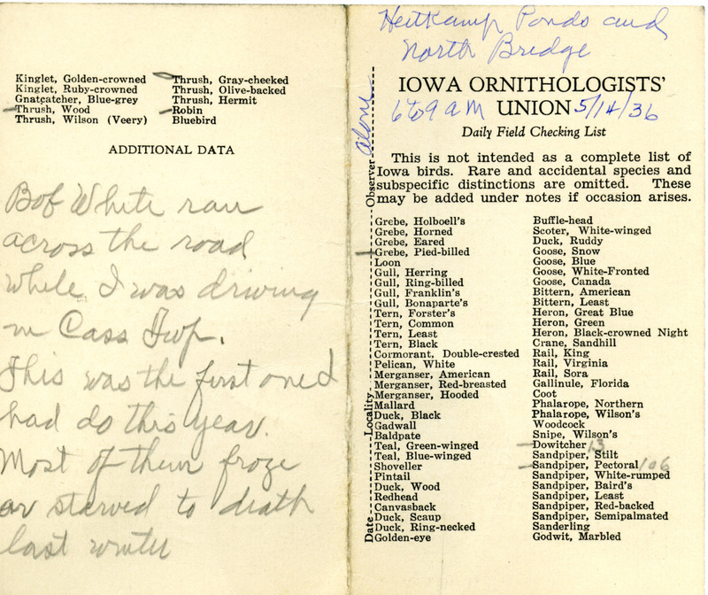 Bird checklist dated May 14, 1936. This checklist was used by Walter Rosene to record birds sighted around Heitkamp Ponds and North Bridge between 6:00 and 9:00.