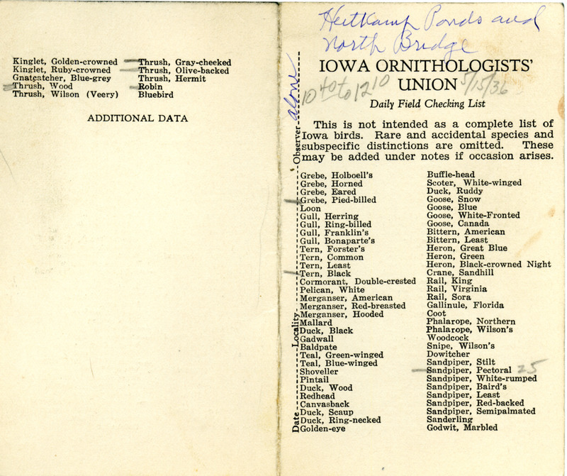 Bird checklist dated May 15, 1936. This checklist was used by Walter Rosene to record birds sighted around Heitkamp Ponds and North Bridge between 10:40 and 12:10.