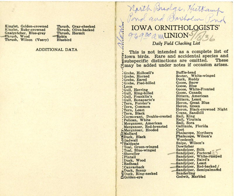 Bird checklist dated May 18, 1936. This checklist was used by Walter Rosene to record birds sighted around North Bridge, Heitkamp Pond and Boxholm Pond between 9:00 and 9:30.