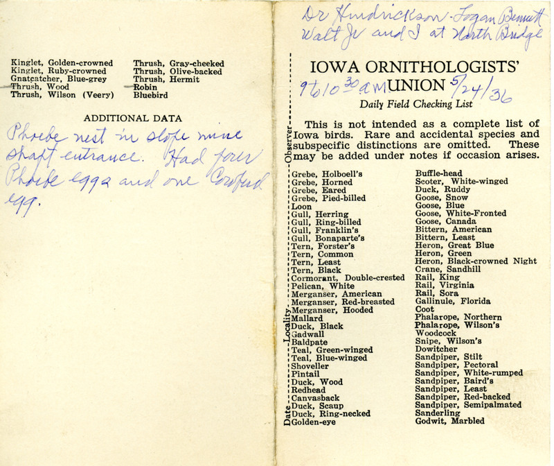 Bird checklist dated May 24, 1936. This checklist was used by Walter Rosene to record birds sighted around North Bridge with three others between 9:00 and 10:30.