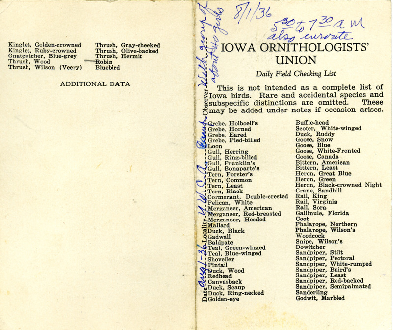 Bird checklist dated August 1, 1936. This checklist was used by Walter Rosene to record birds sighted around the Y Camp with a group of YWCA girls between 5:30 and 7:30.