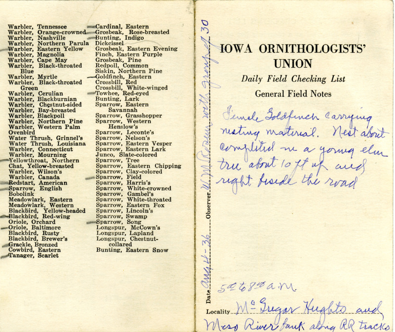 Bird checklist dated August 4, 1936. This checklist was used by Walter Rosene to record birds sighted around McGregor Heights with a group of people between 5:00 and 8:00.